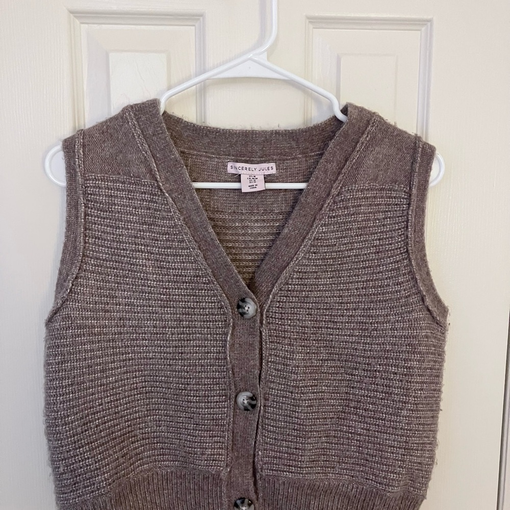 Sincerely Jules Taupe Brown Button-Front V-Neck Sweater Vest